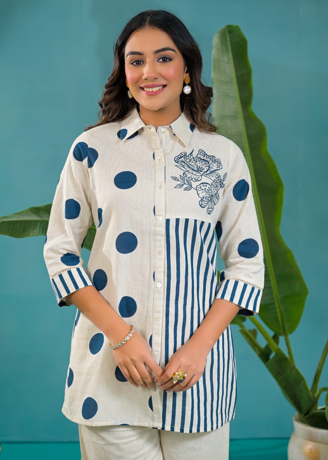 Asymmetric Polka Dot and Striped Print Button-Down Co-ord Set