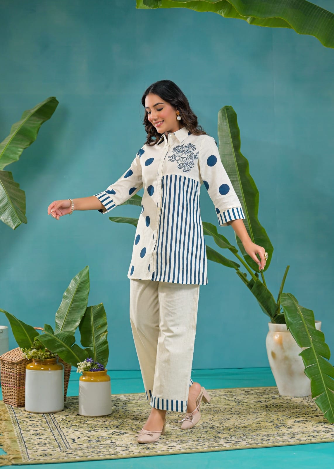 Asymmetric Polka Dot and Striped Print Button-Down Co-ord Set