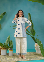 Asymmetric Polka Dot and Striped Print Button-Down Co-ord Set