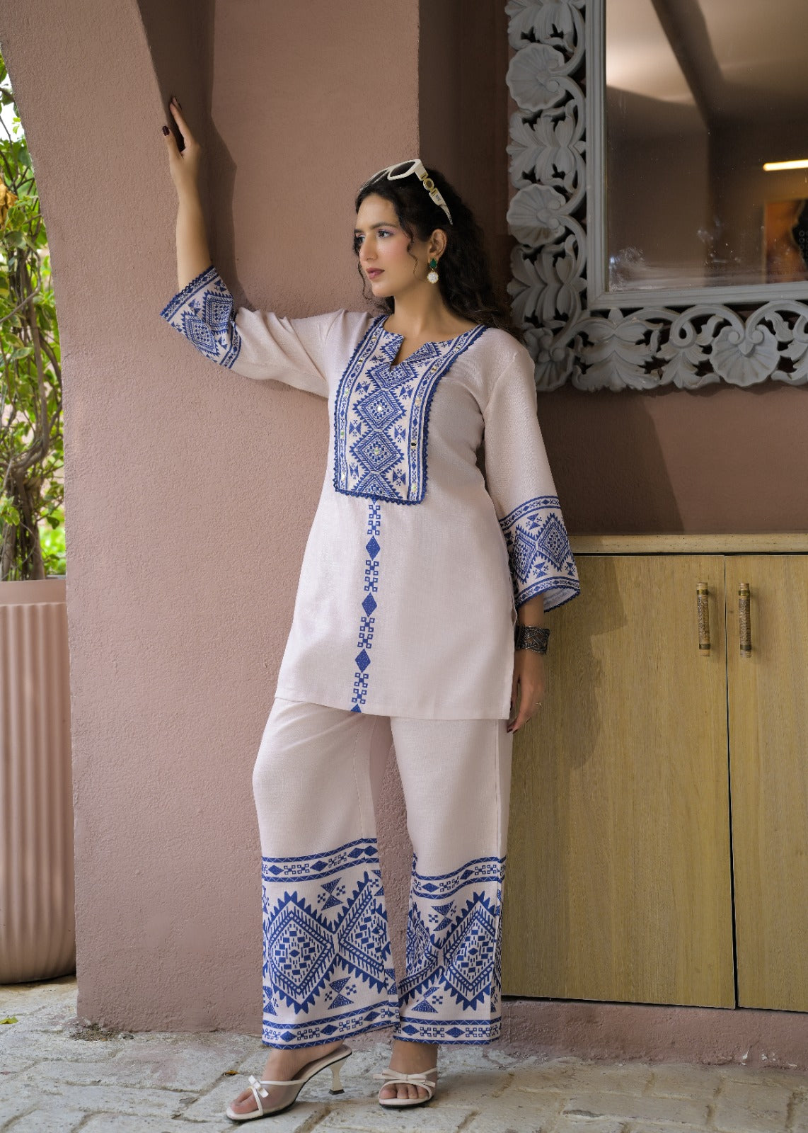 Geometric Embroidered Yoke Kurta and Palazzo Pant Co-ord Set