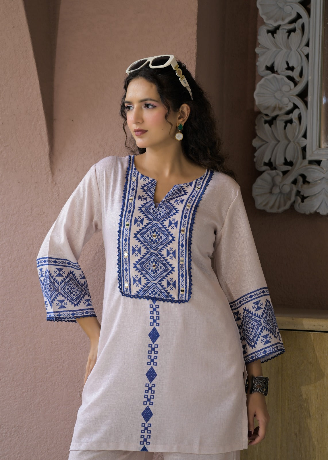 Geometric Embroidered Yoke Kurta and Palazzo Pant Co-ord Set