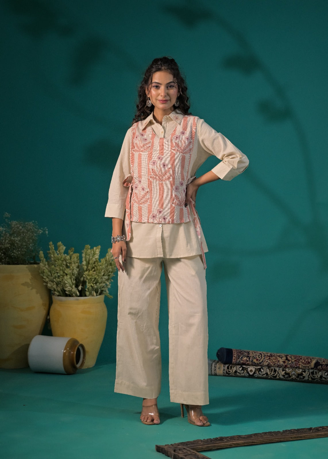 Layered Collared Shirt and Wide-Leg Pant Co-ord Set