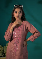 Embroidered Yoke Scalloped Hem Kurta and Pant Co-ord Set