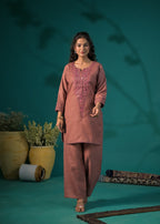 Embroidered Yoke Scalloped Hem Kurta and Pant Co-ord Set