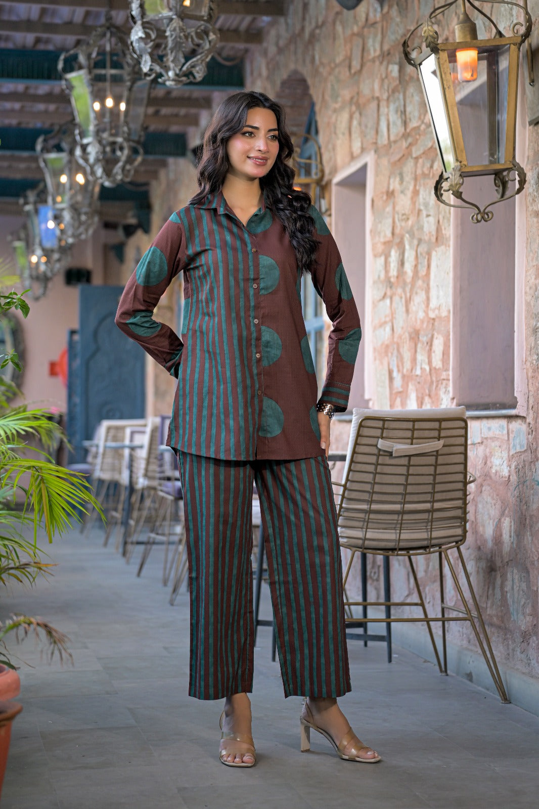 Asymmetric Striped and Polka Dot Co-ord Set