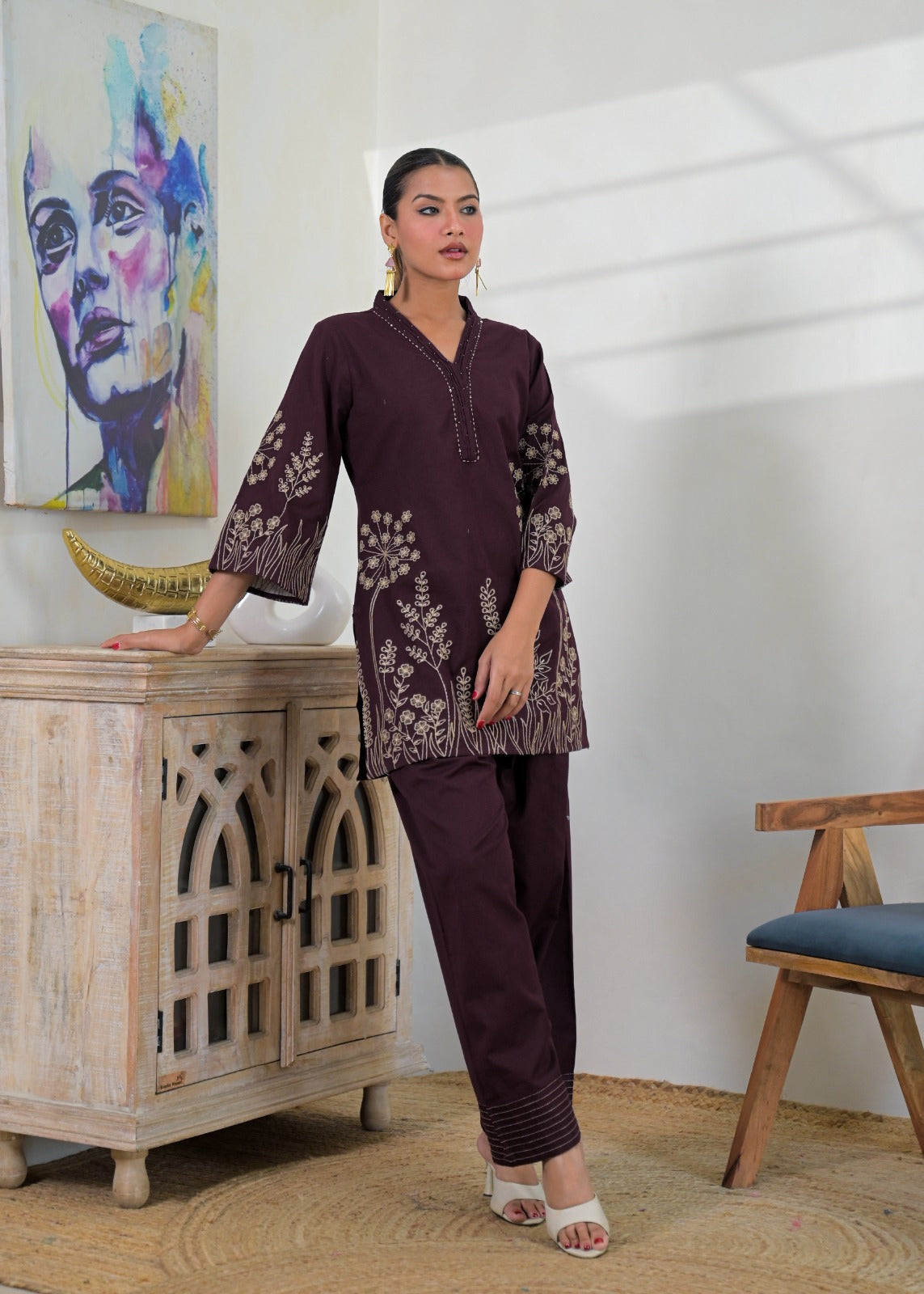 Botanical Motif Kurta and Salwar Pant 2-Piece Co-ord Set