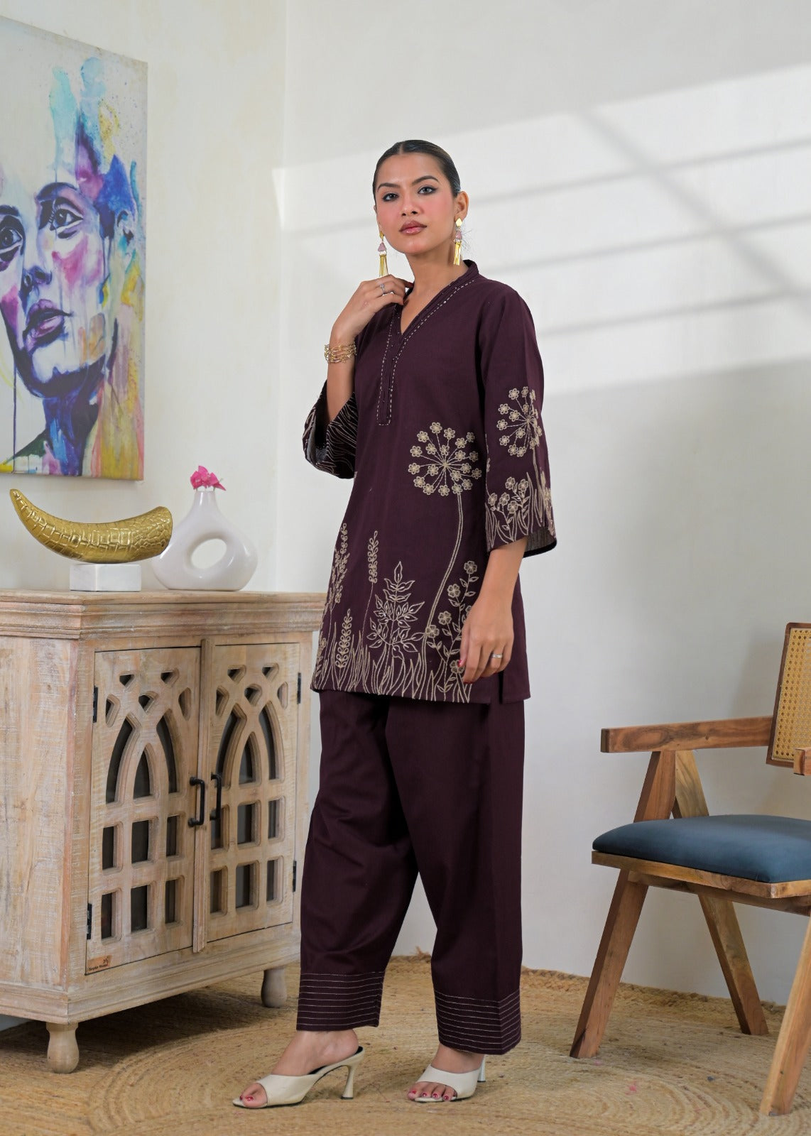 Botanical Motif Kurta and Salwar Pant 2-Piece Co-ord Set