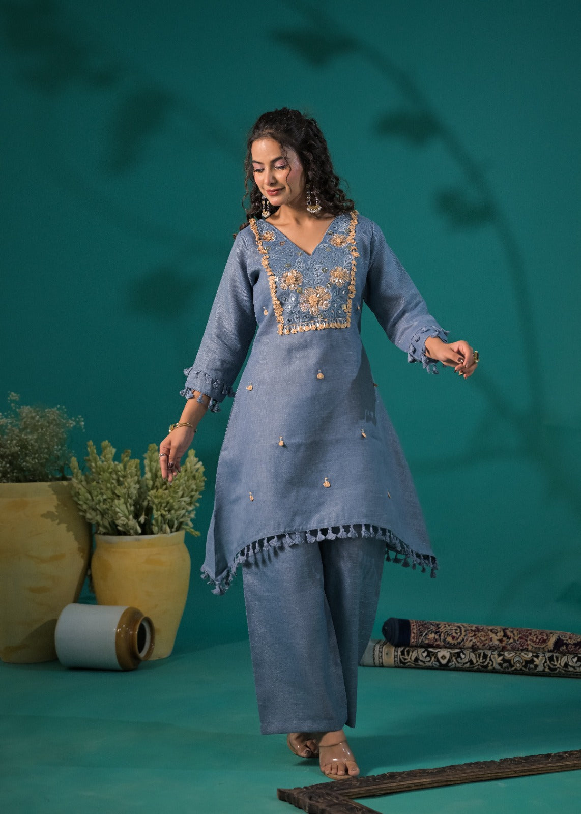 Embroidered Yoke Asymmetric Tassel Kurta and Pant Co-ord Set