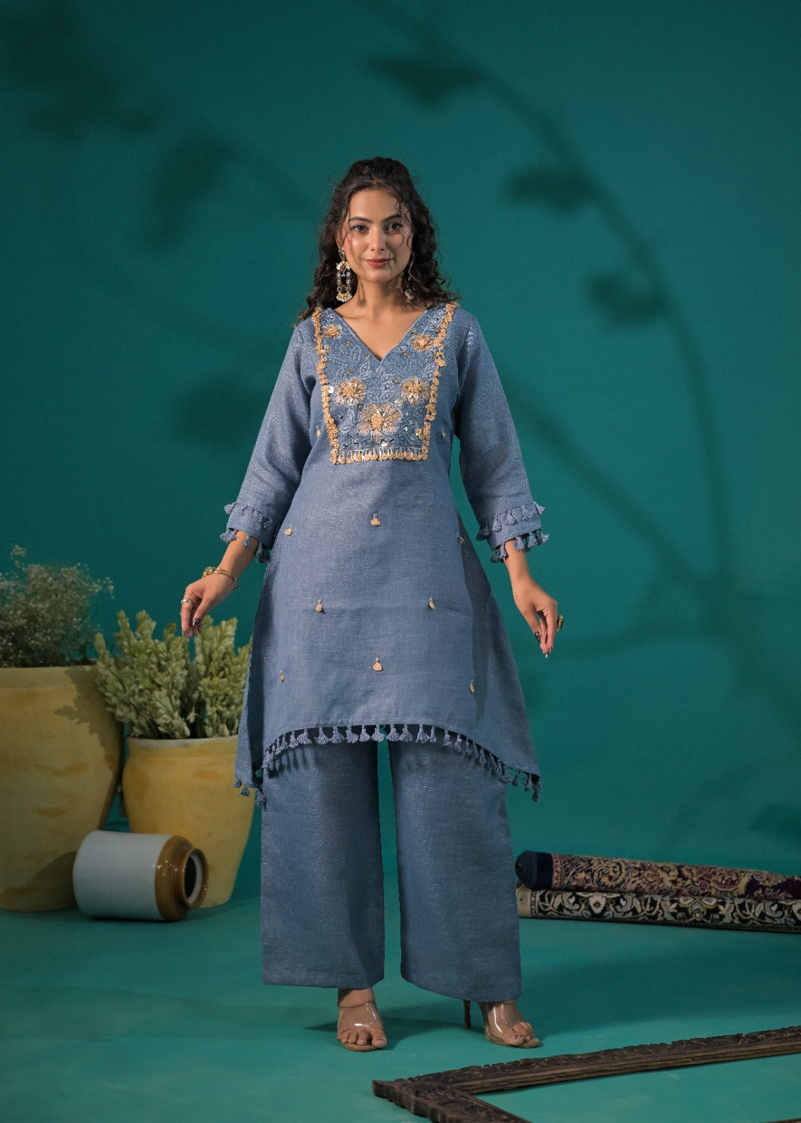 Embroidered Yoke Asymmetric Tassel Kurta and Pant Co-ord Set