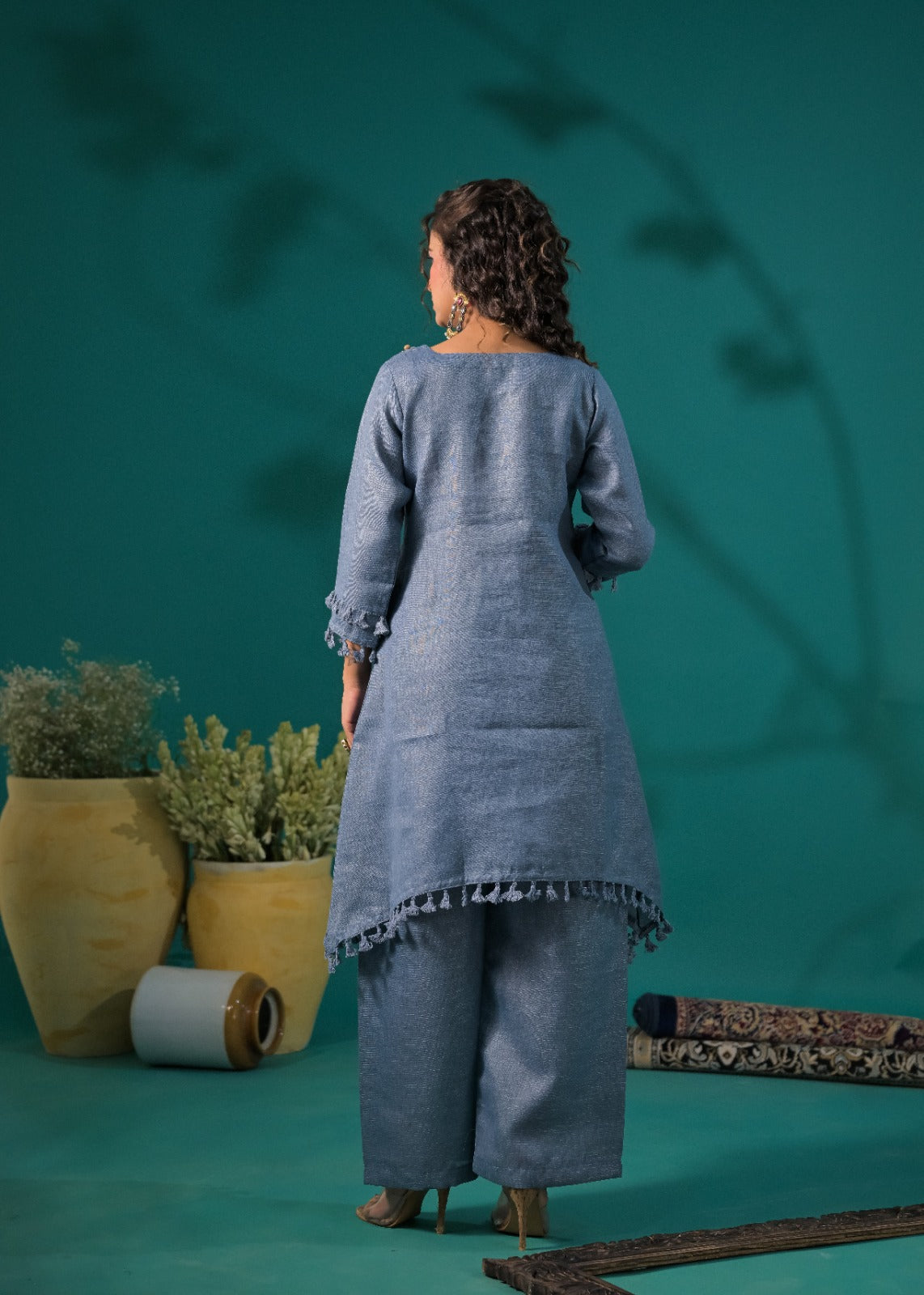 Embroidered Yoke Asymmetric Tassel Kurta and Pant Co-ord Set