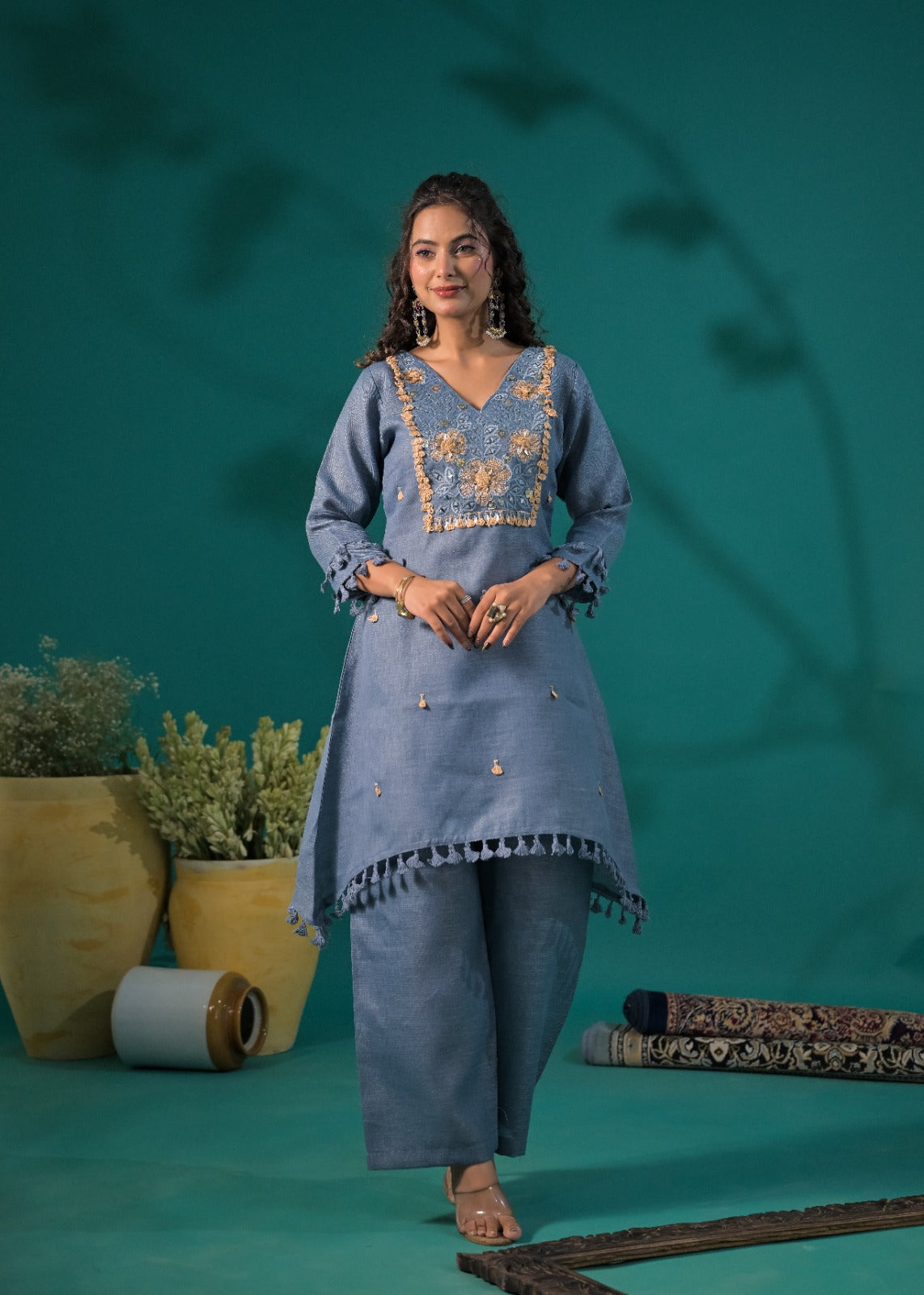 Embroidered Yoke Asymmetric Tassel Kurta and Pant Co-ord Set