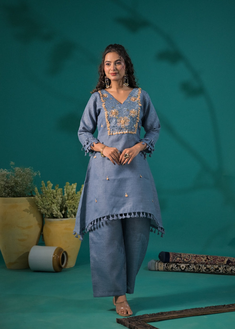 Embroidered Yoke Asymmetric Tassel Kurta and Pant Co-ord Set