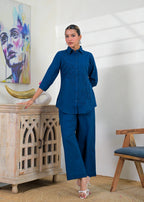 Embellished Collared Button-Down Shirt and Wide-Leg Pant Co-ord Set