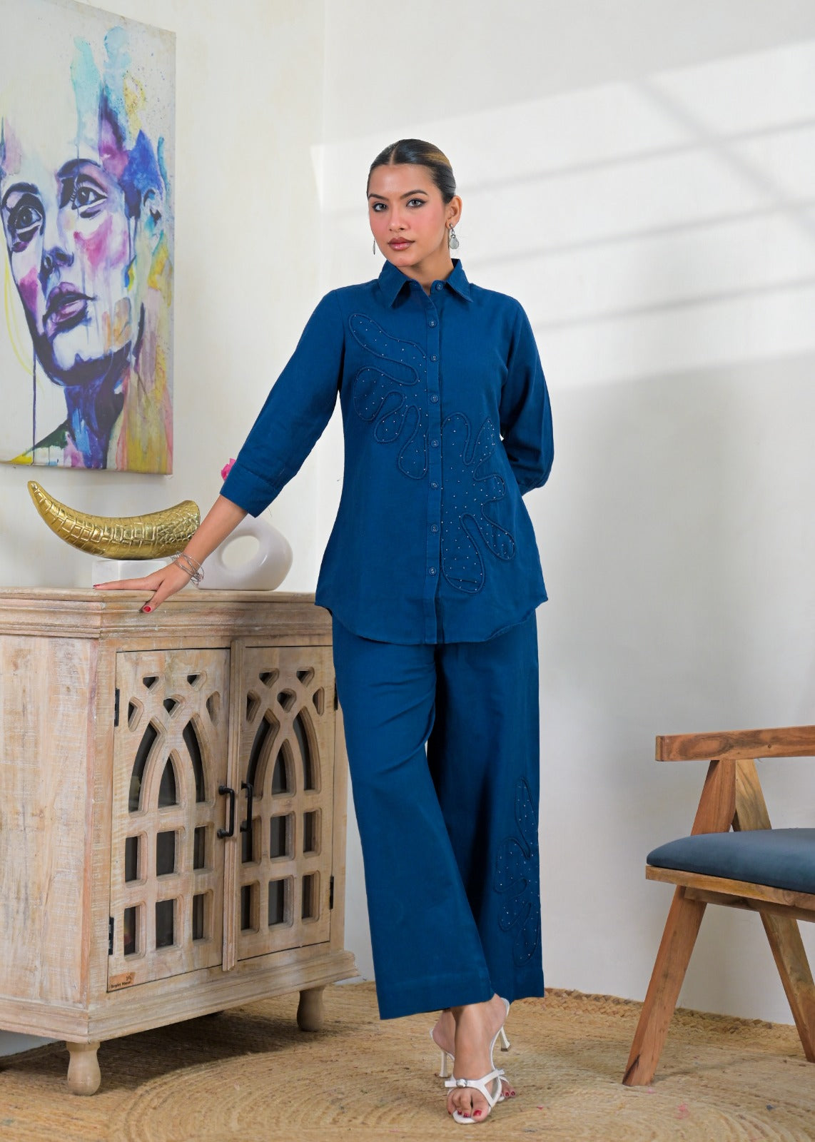 Embellished Collared Button-Down Shirt and Wide-Leg Pant Co-ord Set