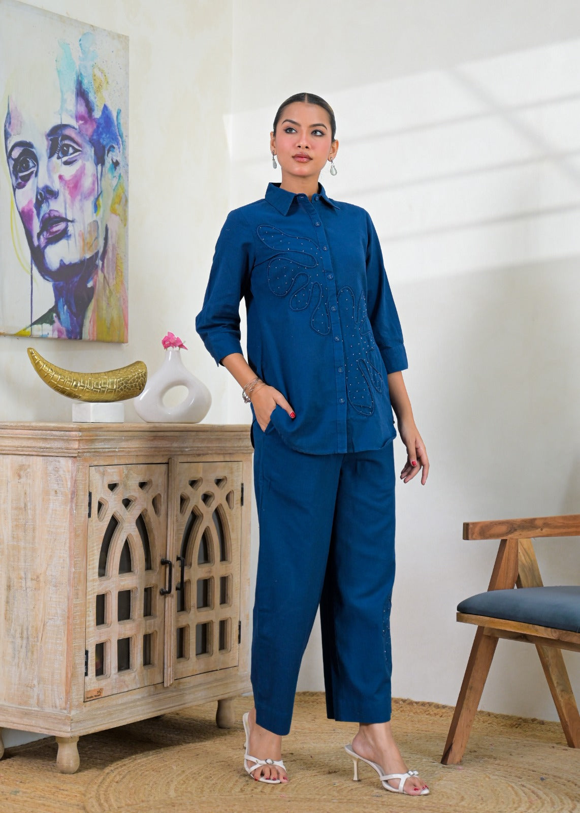Embellished Collared Button-Down Shirt and Wide-Leg Pant Co-ord Set