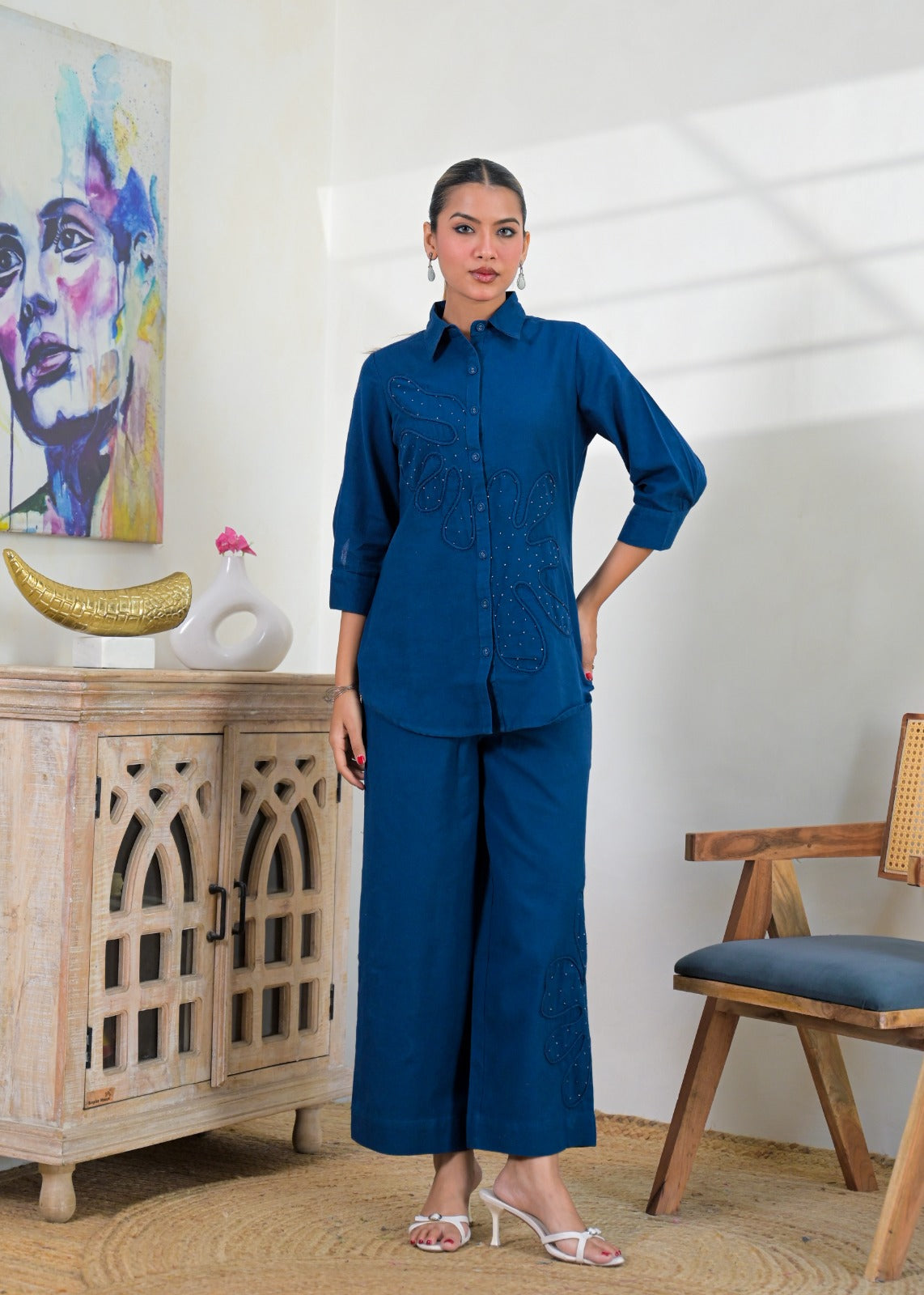 Embellished Collared Button-Down Shirt and Wide-Leg Pant Co-ord Set
