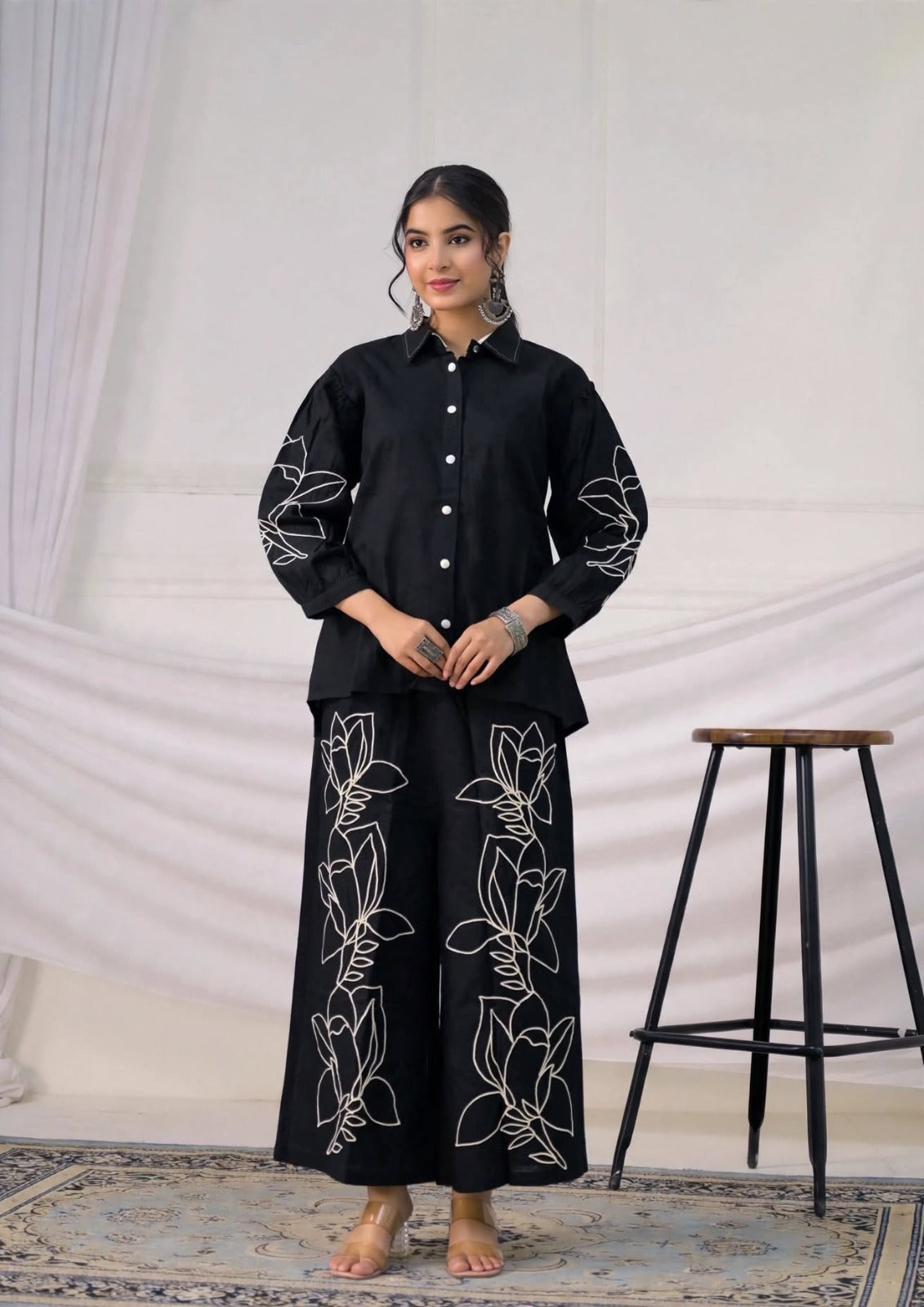 Botanical Outline Embroidered Shirt & Flared Palazzo Co-ord Set