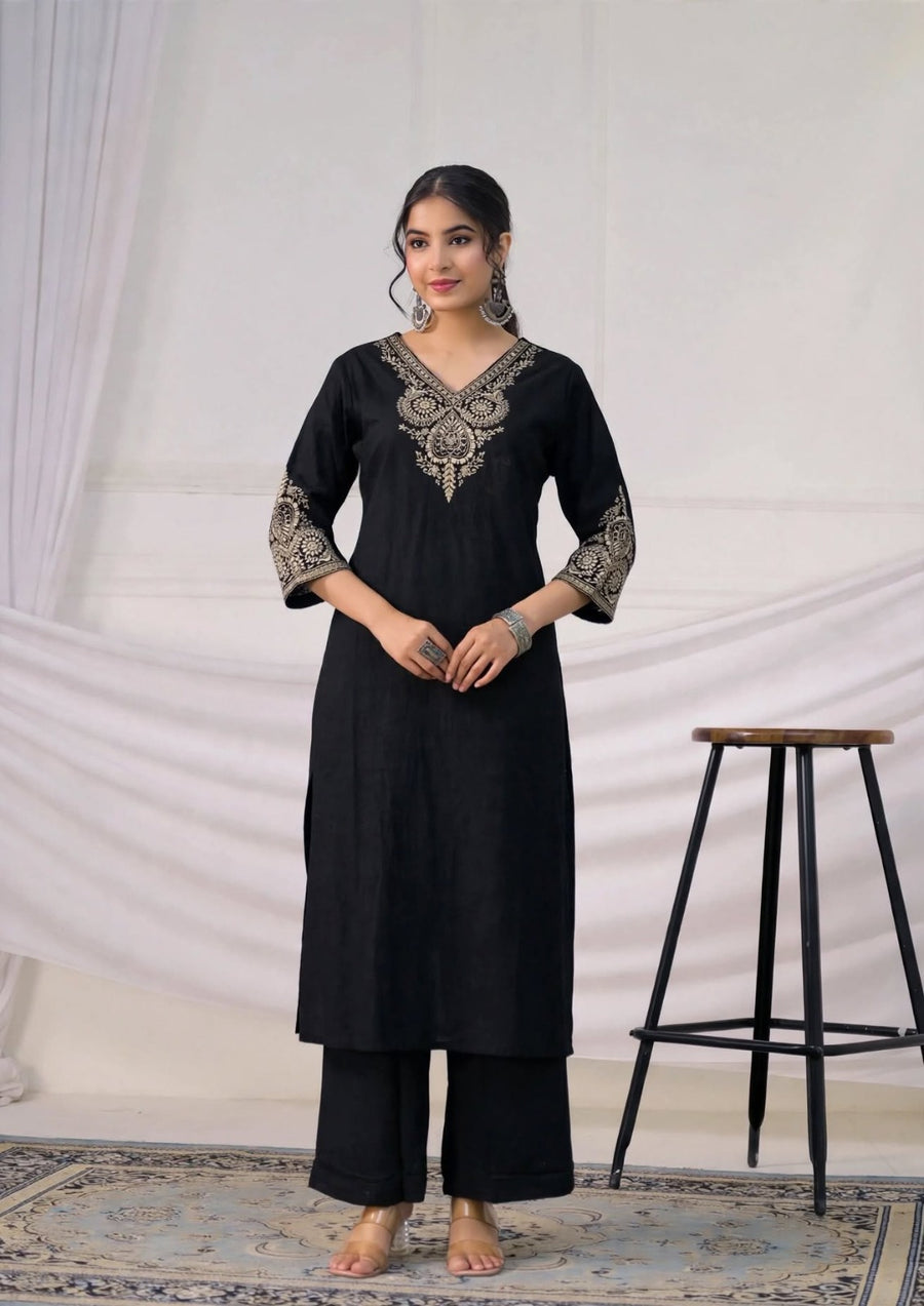 Zari & Resham Embroidered Neckline Straight Kurta & Palazzo Set