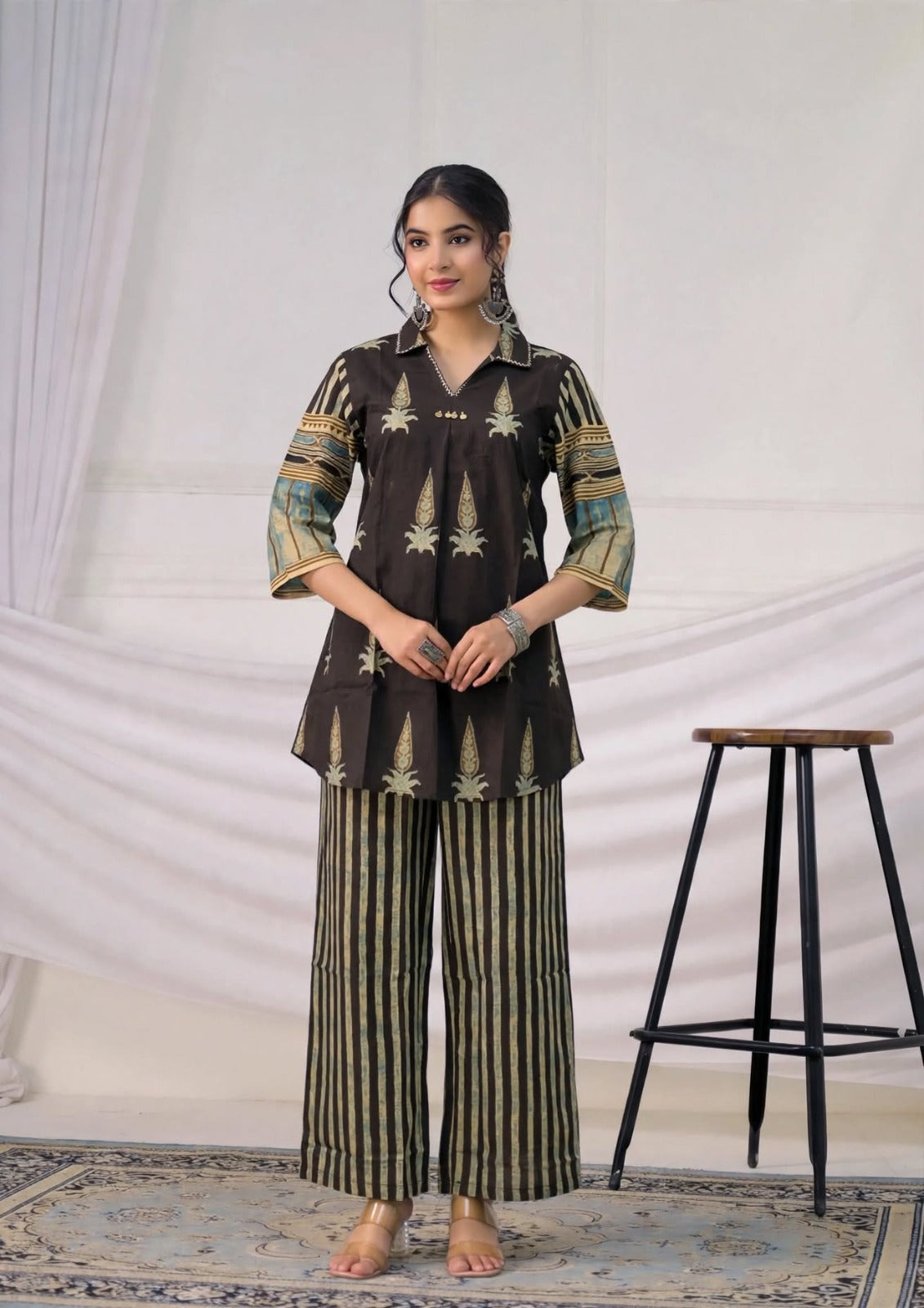 Flared Sleeve V-Neck Tunic & Striped Trouser Co-ord Set