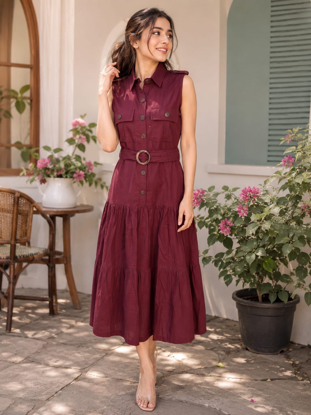 Epaulette Detail A-Line Tiered Shirt Dress