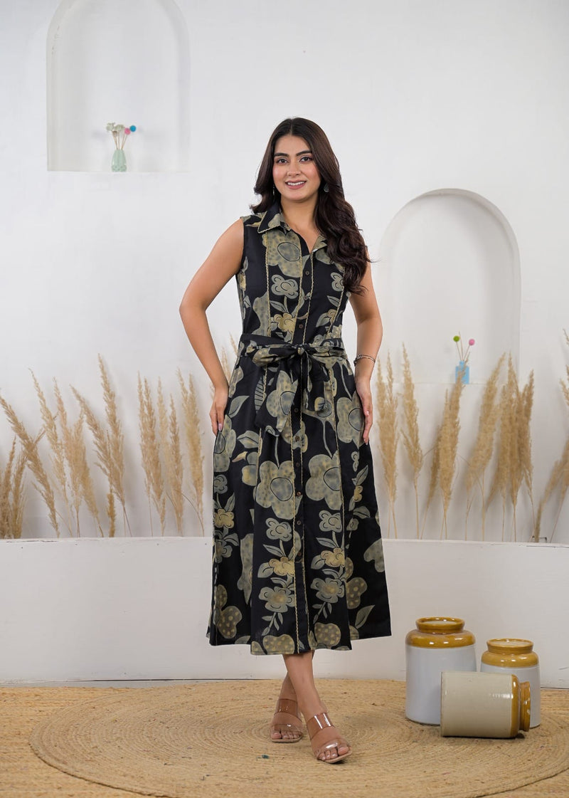 Bold Floral Print Sleeveless A-Line Shirt Dress