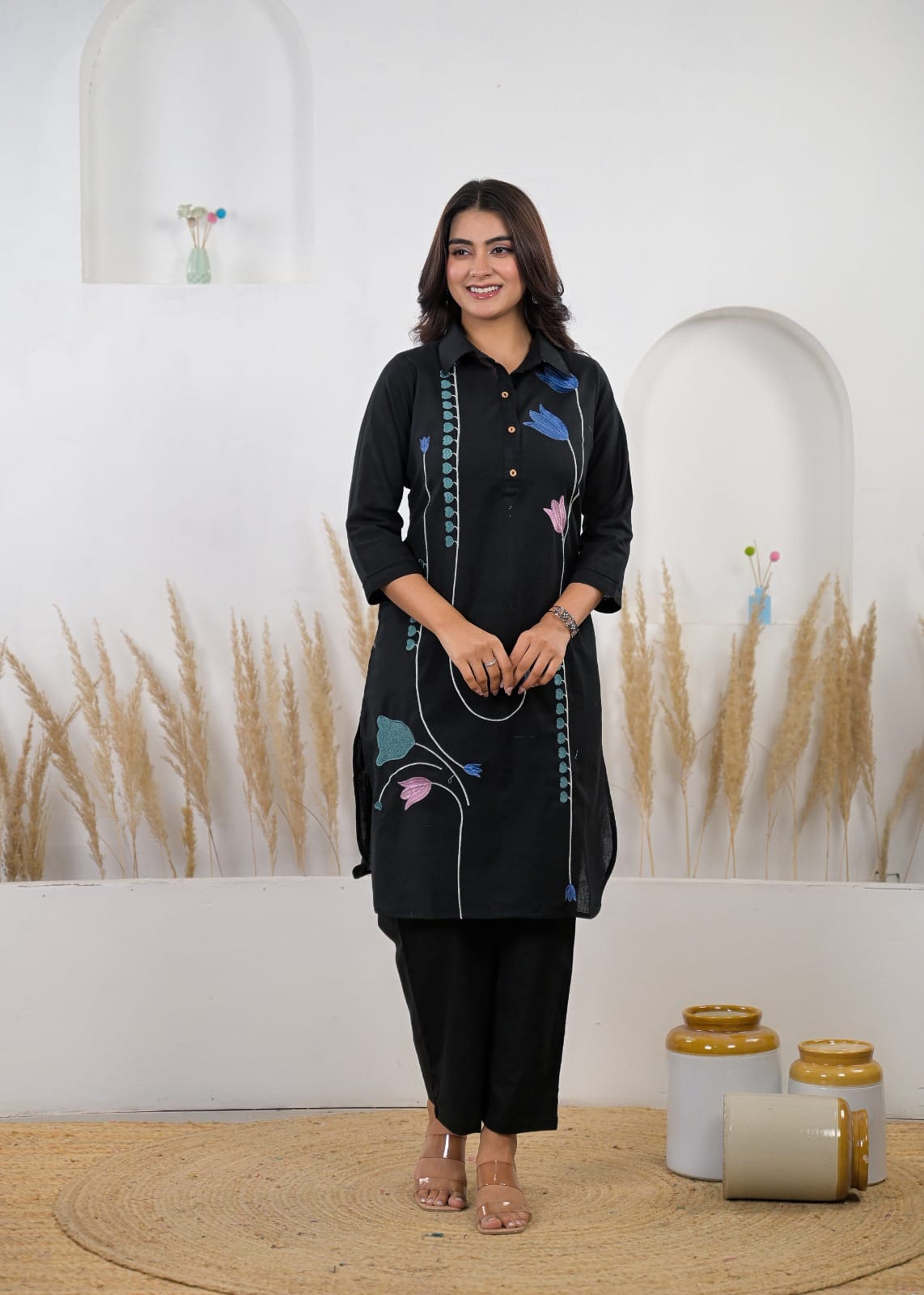 Collared Curved-Hem Tunic & Straight Trouser Co-ord Set