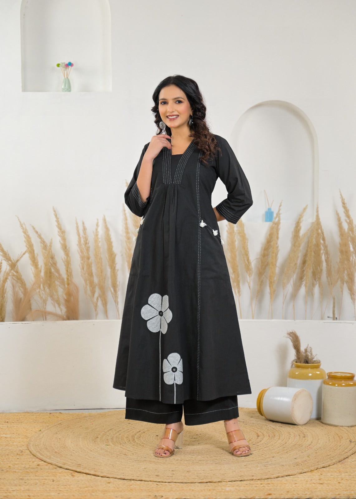 Minimalist Embroidered Yoke Flared Kurta Pant Set