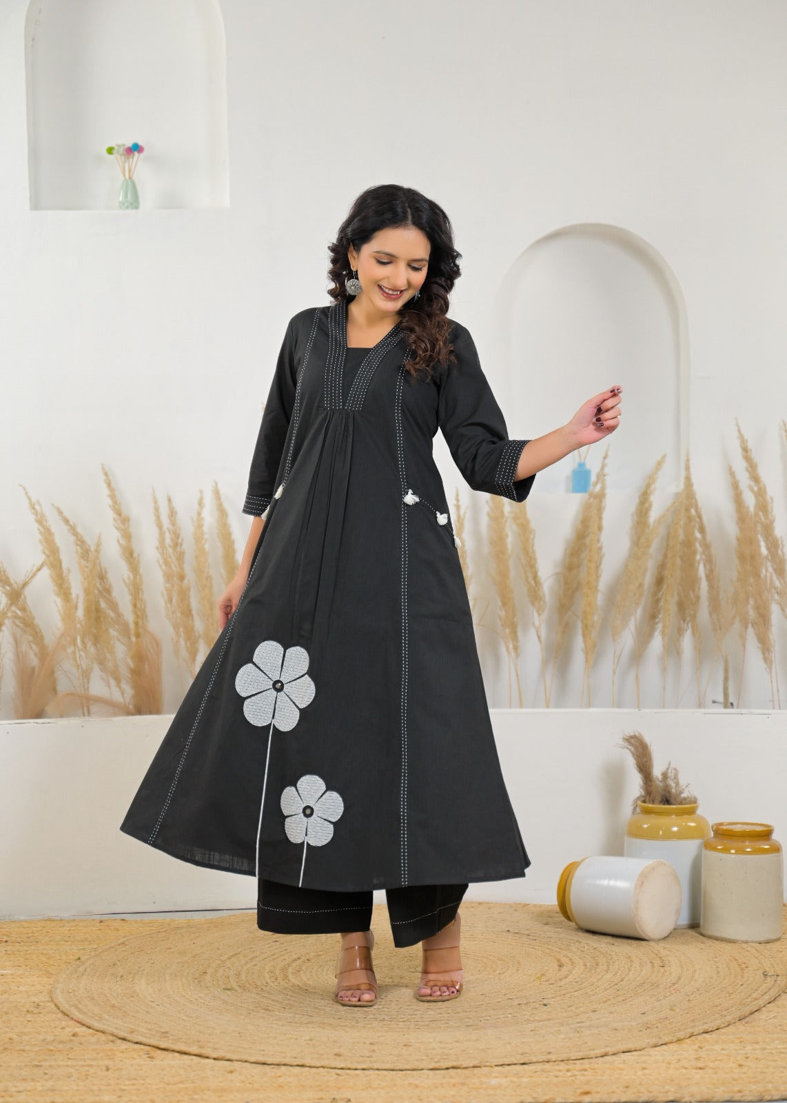 Minimalist Embroidered Yoke Flared Kurta Pant Set