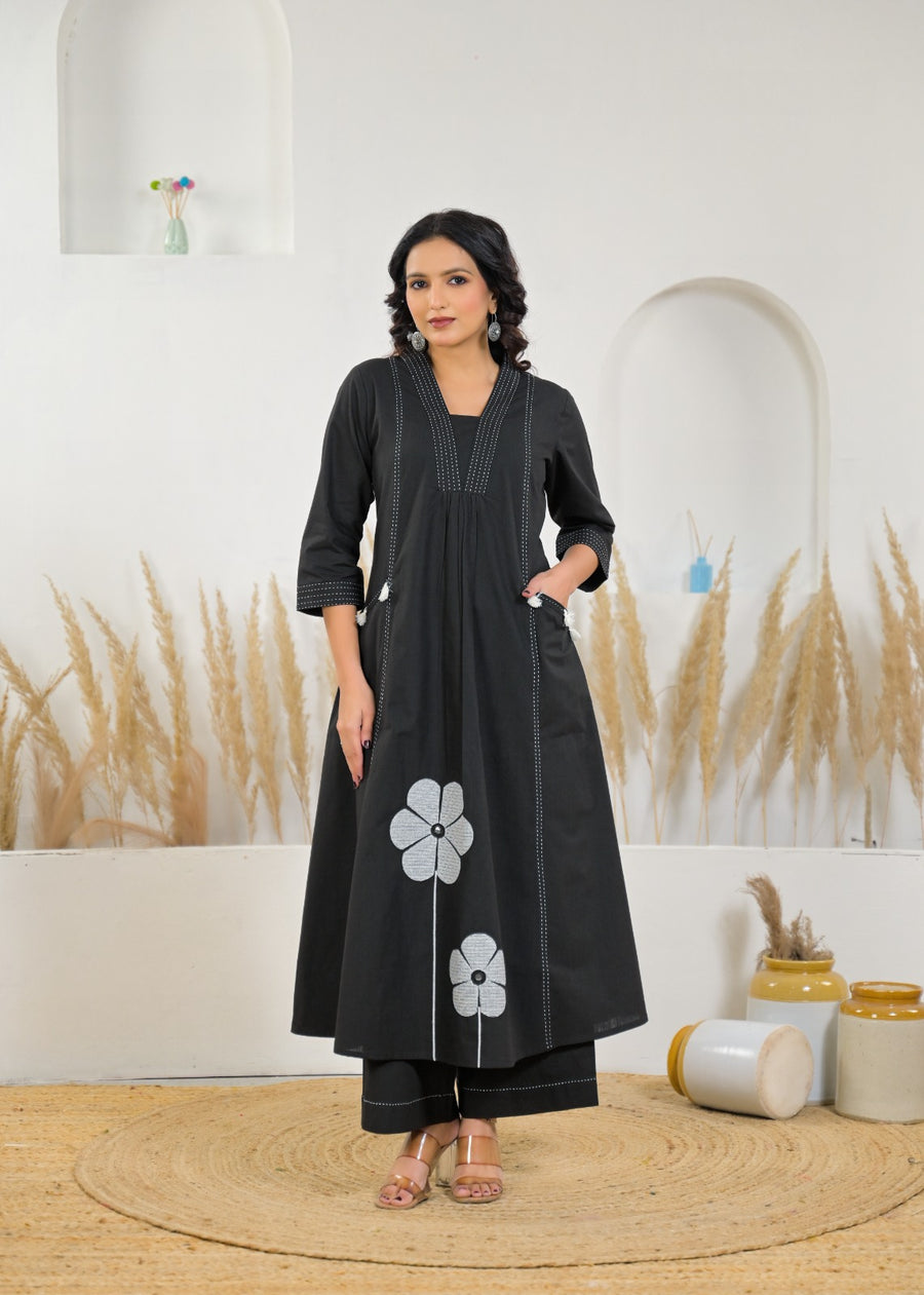 Minimalist Embroidered Yoke Flared Kurta Pant Set