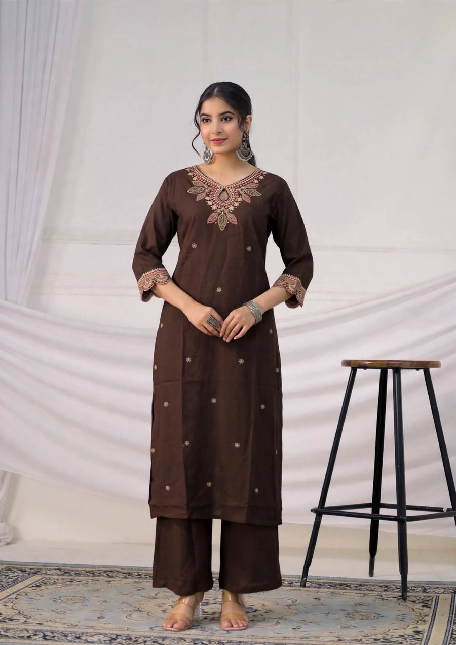 Keyhole Neckline Embroidered Straight Kurta & Palazzo Set