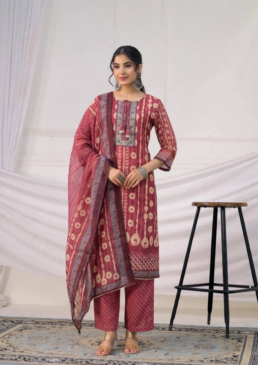 Ethnic Bandhej Pattern Festive 3-Piece Kurta Trouser Set