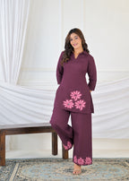 Floral Appliqué Collared Short Kurti & Palazzo Co-ord Set