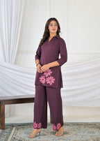 Floral Appliqué Collared Short Kurti & Palazzo Co-ord Set