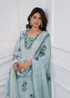Traditional Botanical Motif Striped Kurta Pant Suit with Dupatta