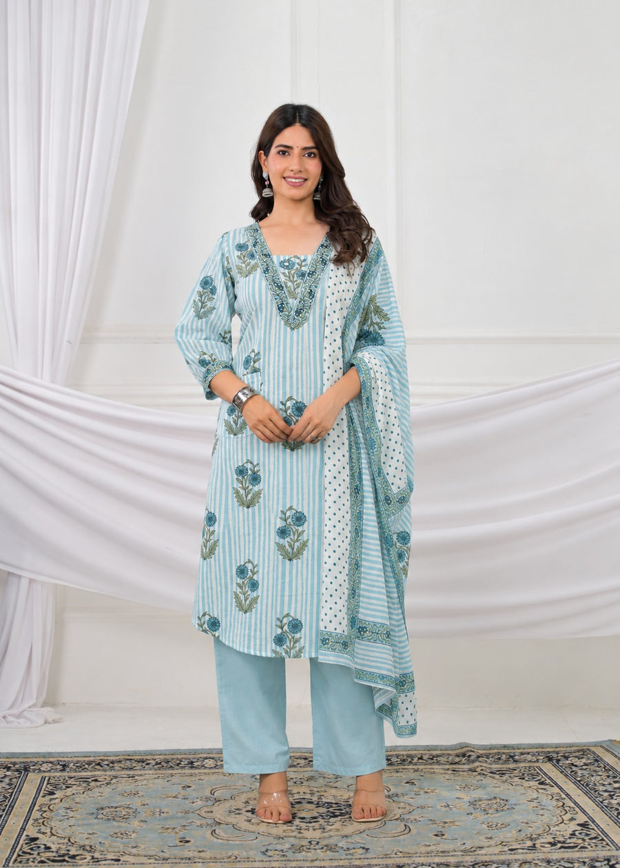 Traditional Botanical Motif Striped Kurta Pant Suit with Dupatta