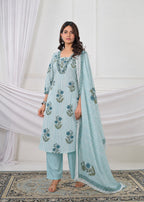 Traditional Botanical Motif Striped Kurta Pant Suit with Dupatta