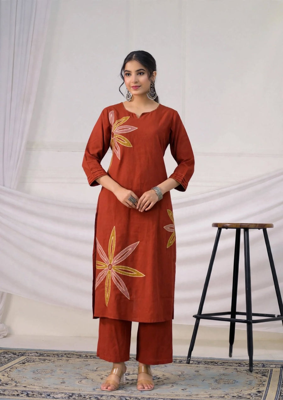 Notch-Neckline Pintuck Sleeve Kurti with Wide-Leg Pants
