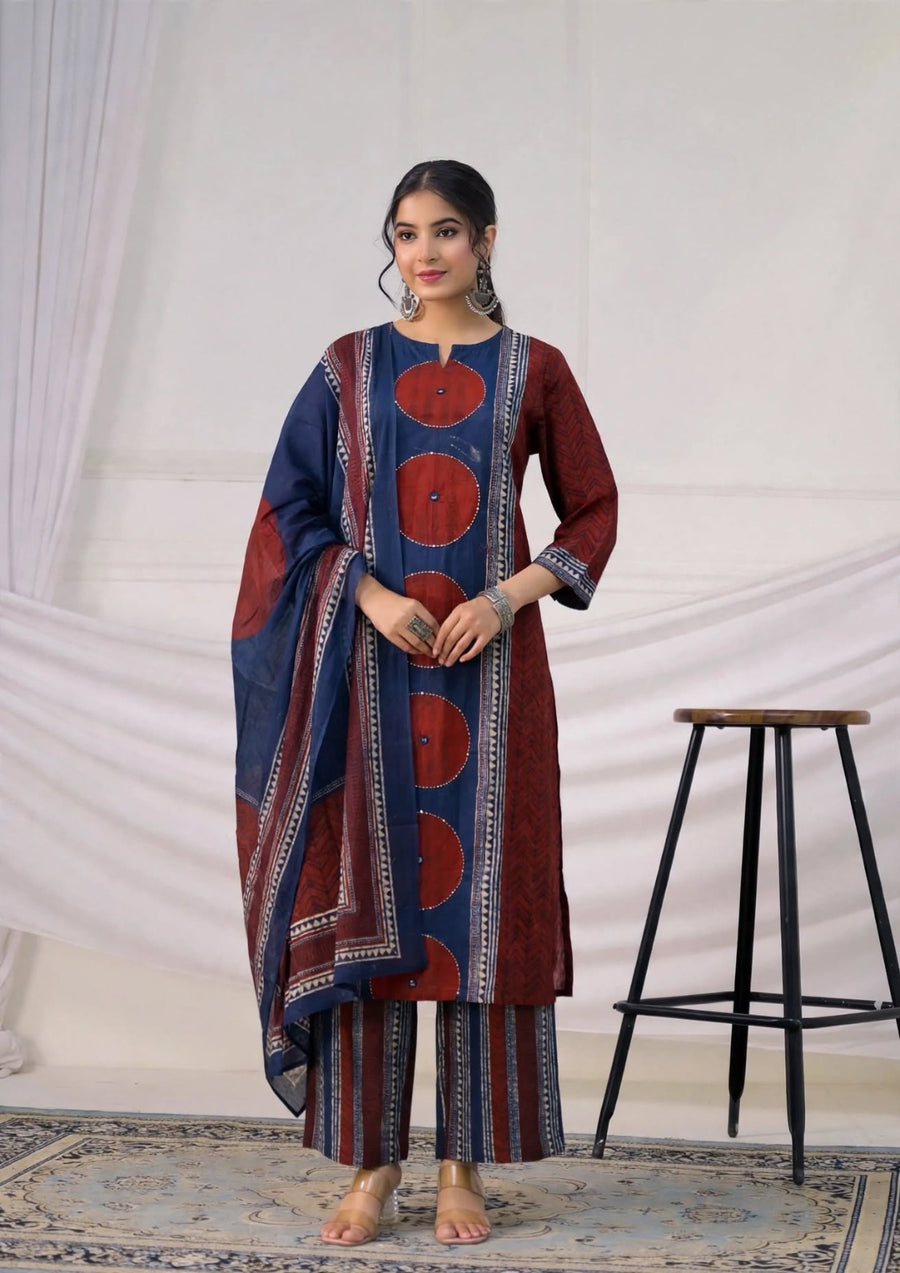Handcrafted Ajrakh-Inspired Motif 3-Piece Festive Kurta Set