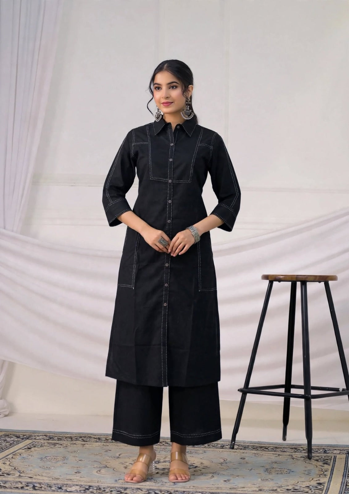 Women's Black Stitch-Detail Shirt-Style Straight Kurta with Wide-Leg Pants Set