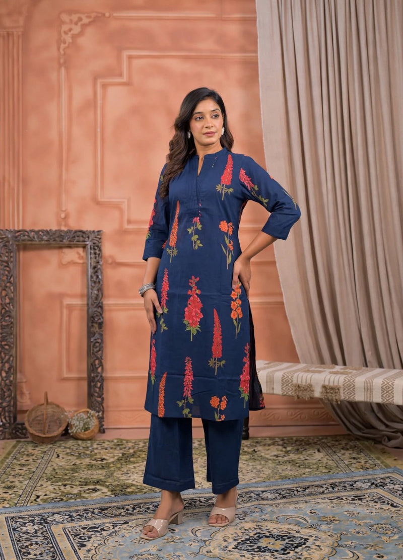 Botanical Floral Print Notch Neck Kurta Set