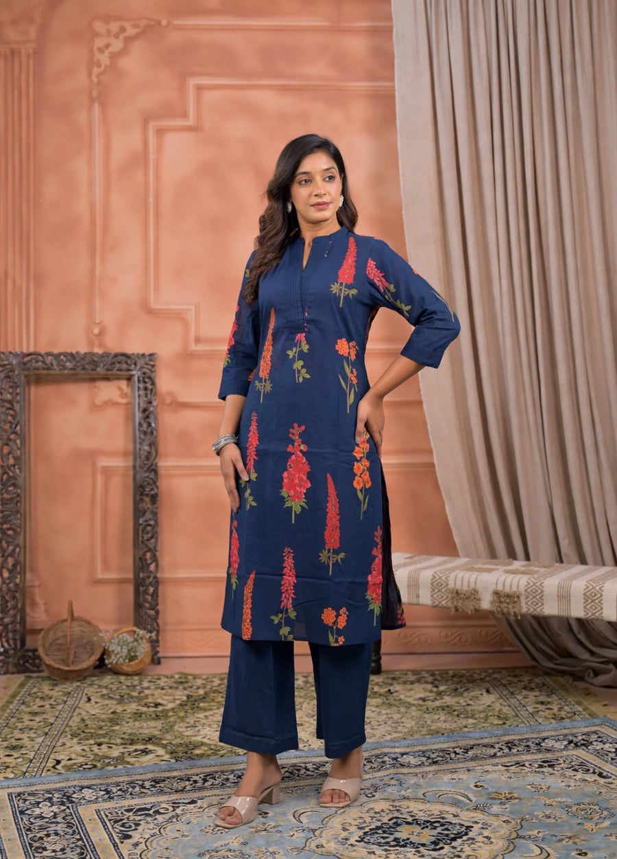 Botanical Floral Print Notch Neck Kurta Set