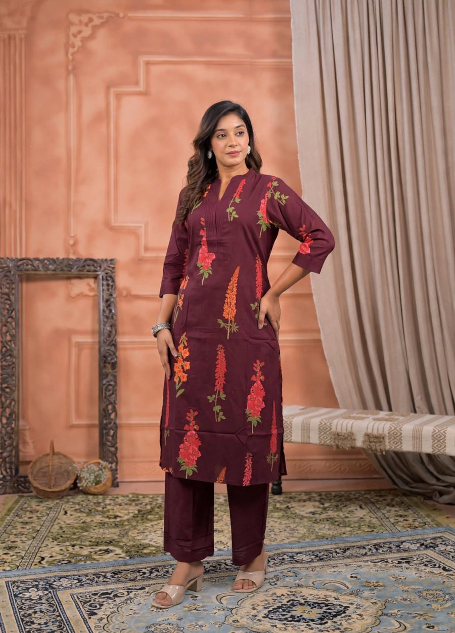 Botanical Floral Print Notch Neck Kurta Set