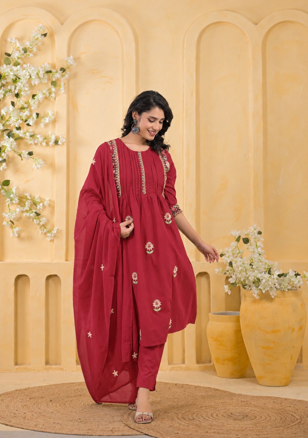 Floral Embroidered Pintuck Kurta Set